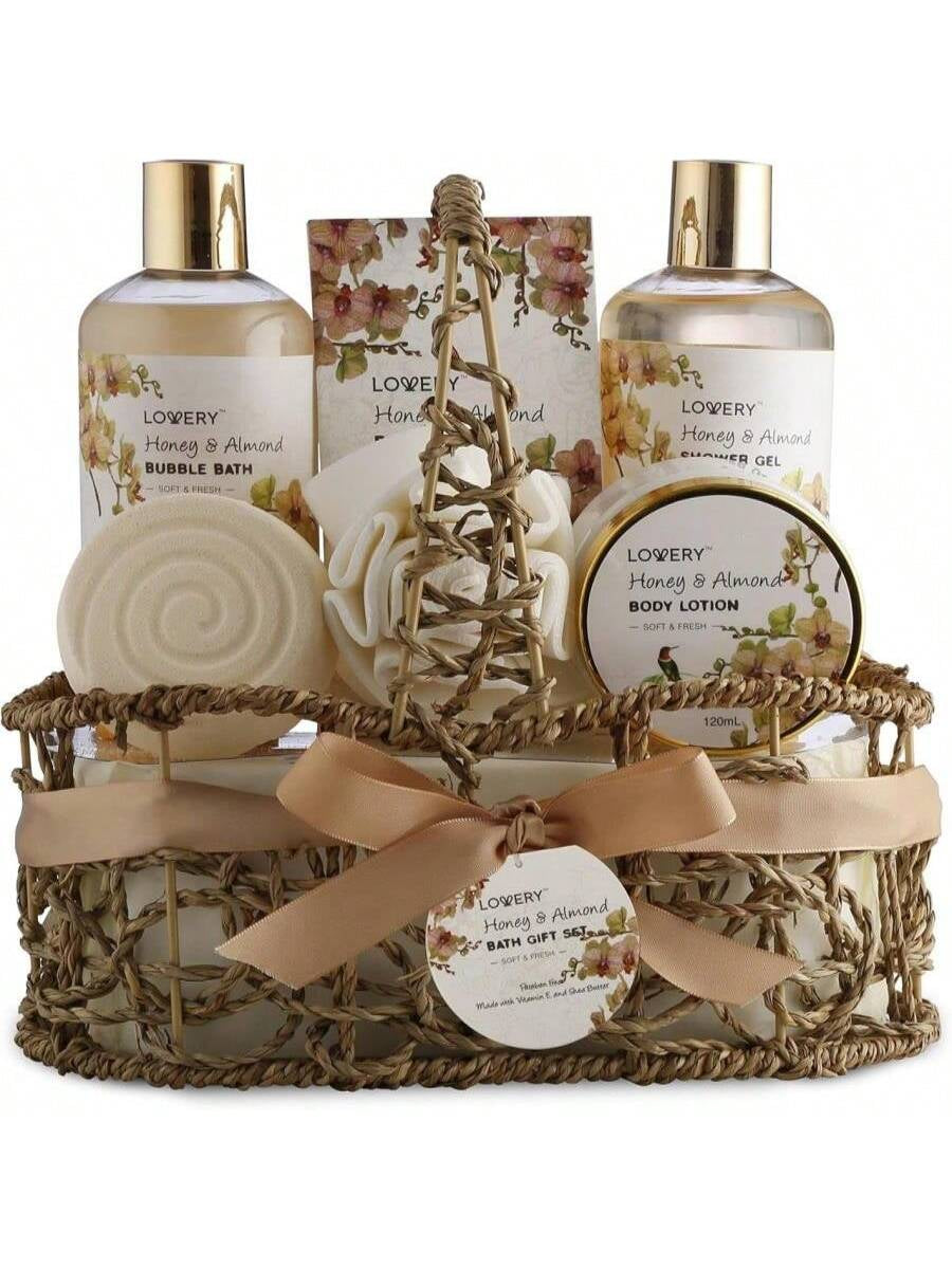 Womens Gifts, Gift Baskets for Women Who Have Everything, Home Spa Honey &Amp; Almond Scent, Luxury Bath &Amp; Body Set - Shower Gel, Bubble Bath, Body Lotion, Salts, Bath Bomb, Bath Puff &Amp; Handmade Basket