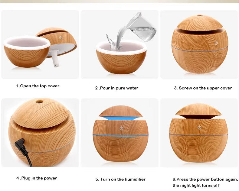 130ML Air Humidifier Ultrasonic USB Aroma Diffuser Wood Grain LED Night Light Electric Essential Oil Diffuser Aromatherapy Home