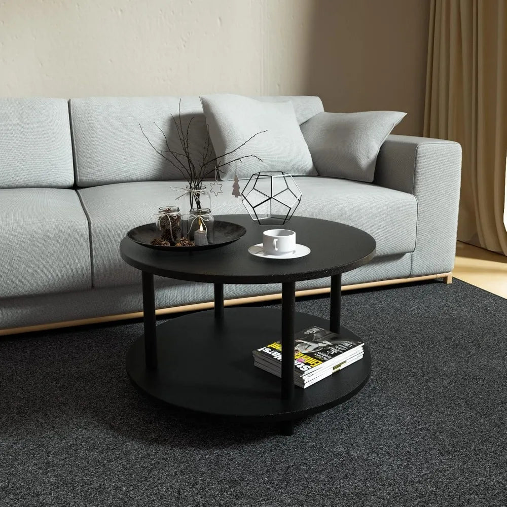 Compact 2-Tier Round Coffee Table with Storage Shelf, Black Wood Finish &amp; Metal Legs, Easy Assembly for Small Spaces