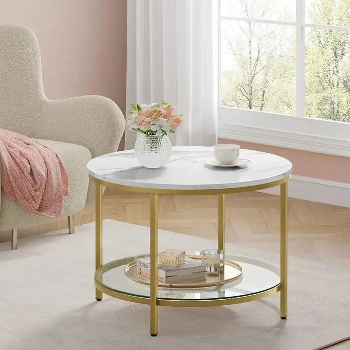 Round Coee Table, 2-Tier Small Coee Table with aux Marble Top and Glass Shel, Modern Style, or Living Room, 25.6 x 25.6 x 18.1 Inch