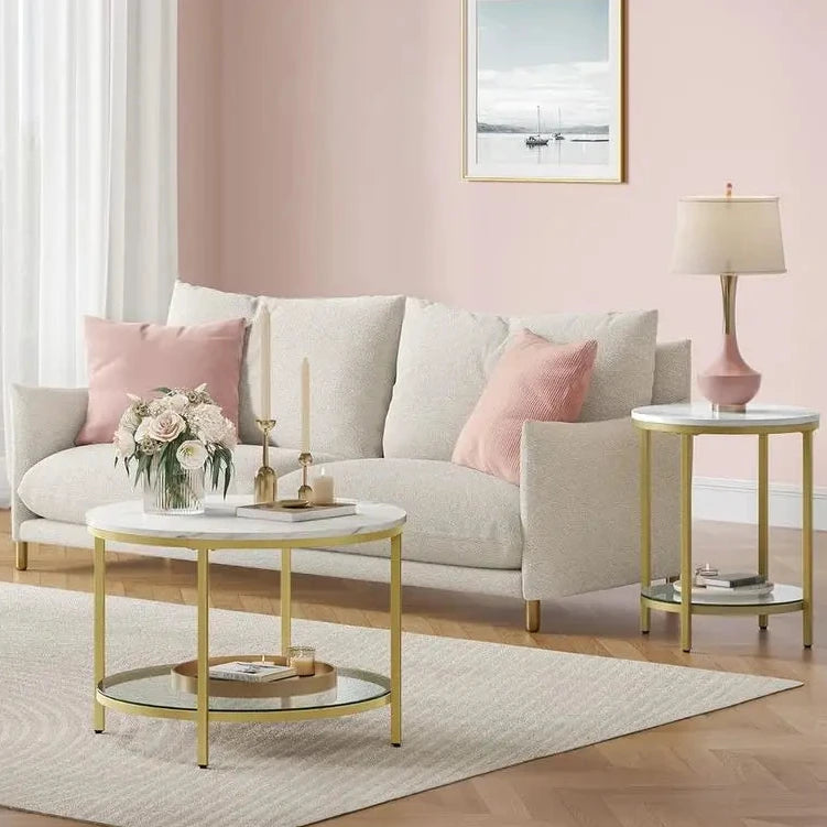 Couchtisch 65cm Rund 2-Ebenen Marmor-Optik Glas Stahlbeine Modern Wohnzimmer