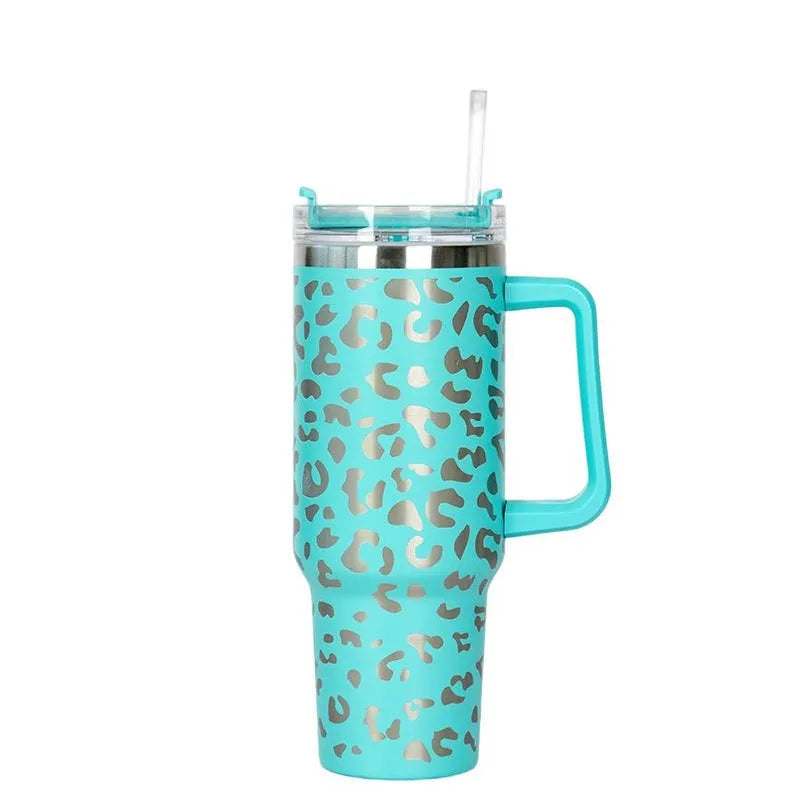 Trinkbecher 1,2L Leopard-Muster Edelstahl Strohhalm Tragbar Auto Wasserflasche