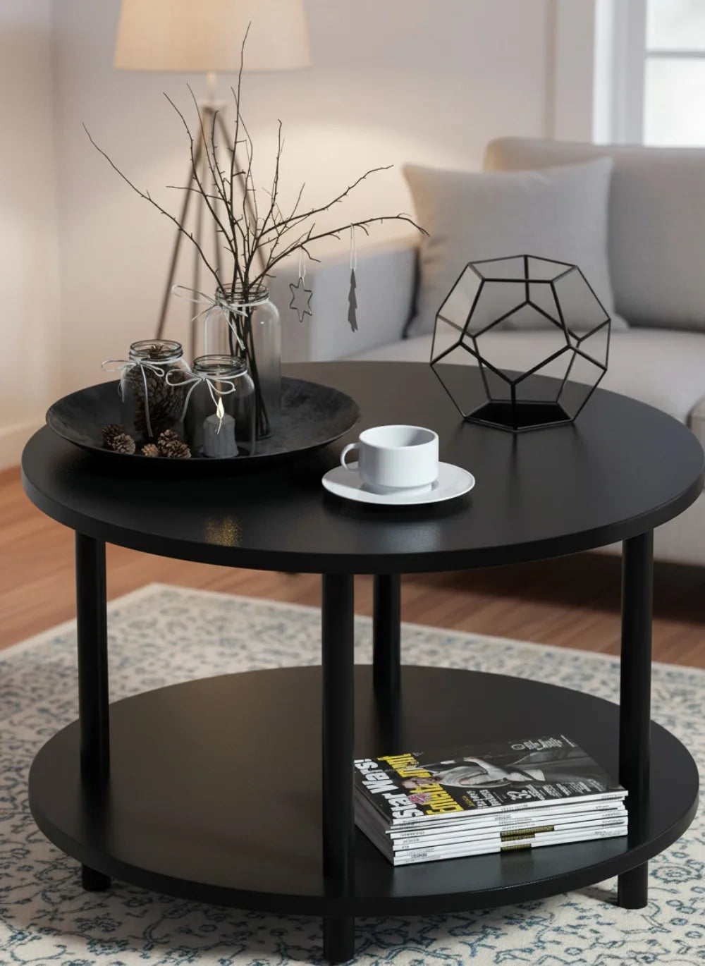 Couchtisch Rund 2-Ebenen Kompakt Ablage Schwarz Holz Metall Kleine Räume