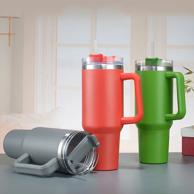 Trinkbecher 1,2L Leopard-Muster Edelstahl Strohhalm Tragbar Auto Wasserflasche