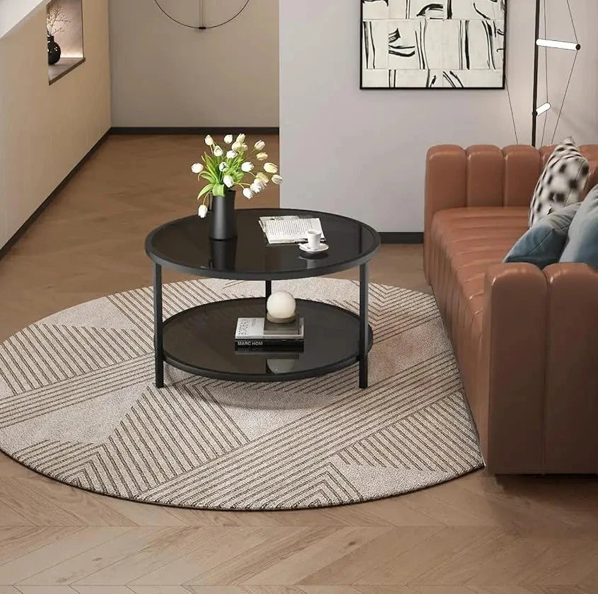 Couchtisch 70cm Rund Glas 2-Ebenen Ablage Schwarz Metall Modern Minimalistisch