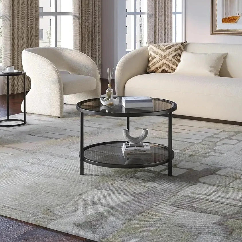 Couchtisch 70cm Rund Glas 2-Ebenen Ablage Schwarz Metall Modern Minimalistisch