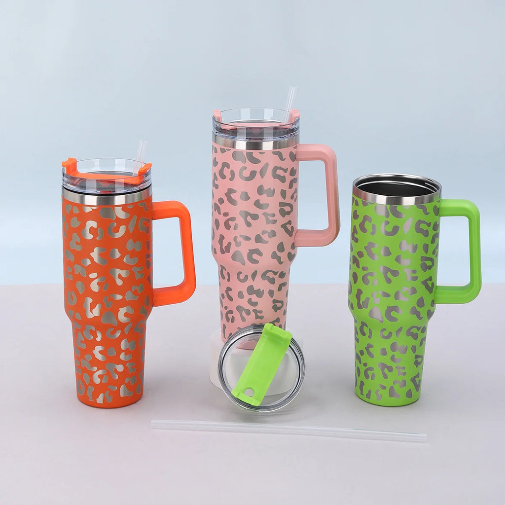 Trinkbecher 1,2L Leopard-Muster Edelstahl Strohhalm Tragbar Auto Wasserflasche