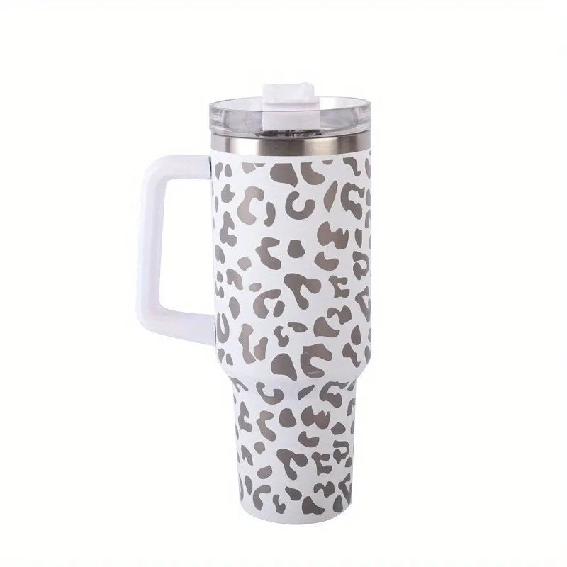 Trinkbecher 1,2L Leopard-Muster Edelstahl Strohhalm Tragbar Auto Wasserflasche