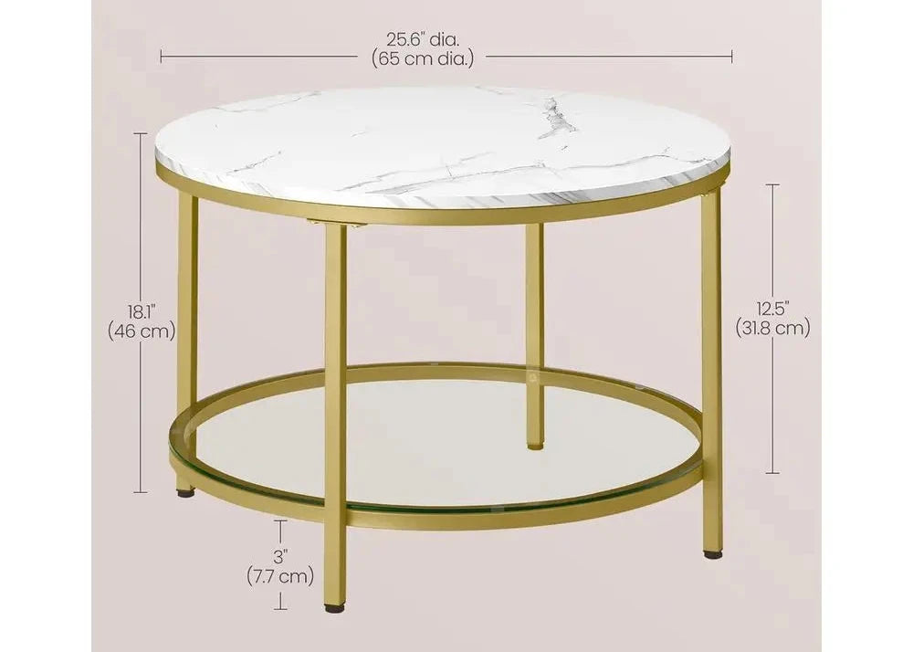 Couchtisch 65cm Rund 2-Ebenen Marmor-Optik Glas Stahlbeine Modern Wohnzimmer