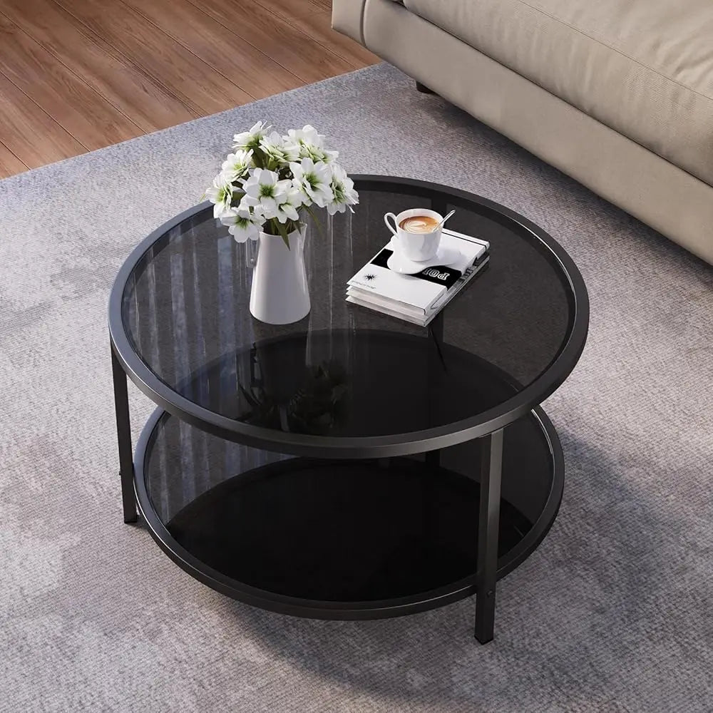 Couchtisch 70cm Rund Glas 2-Ebenen Ablage Schwarz Metall Modern Minimalistisch