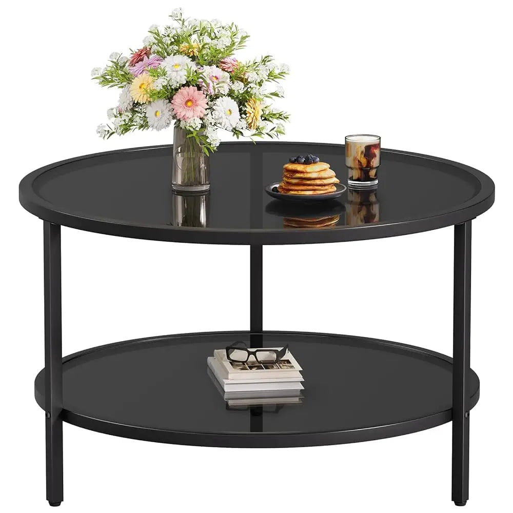 Couchtisch 70cm Rund Glas 2-Ebenen Ablage Schwarz Metall Modern Minimalistisch