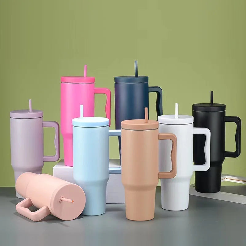 Trinkbecher 1,2L Leopard-Muster Edelstahl Strohhalm Tragbar Auto Wasserflasche