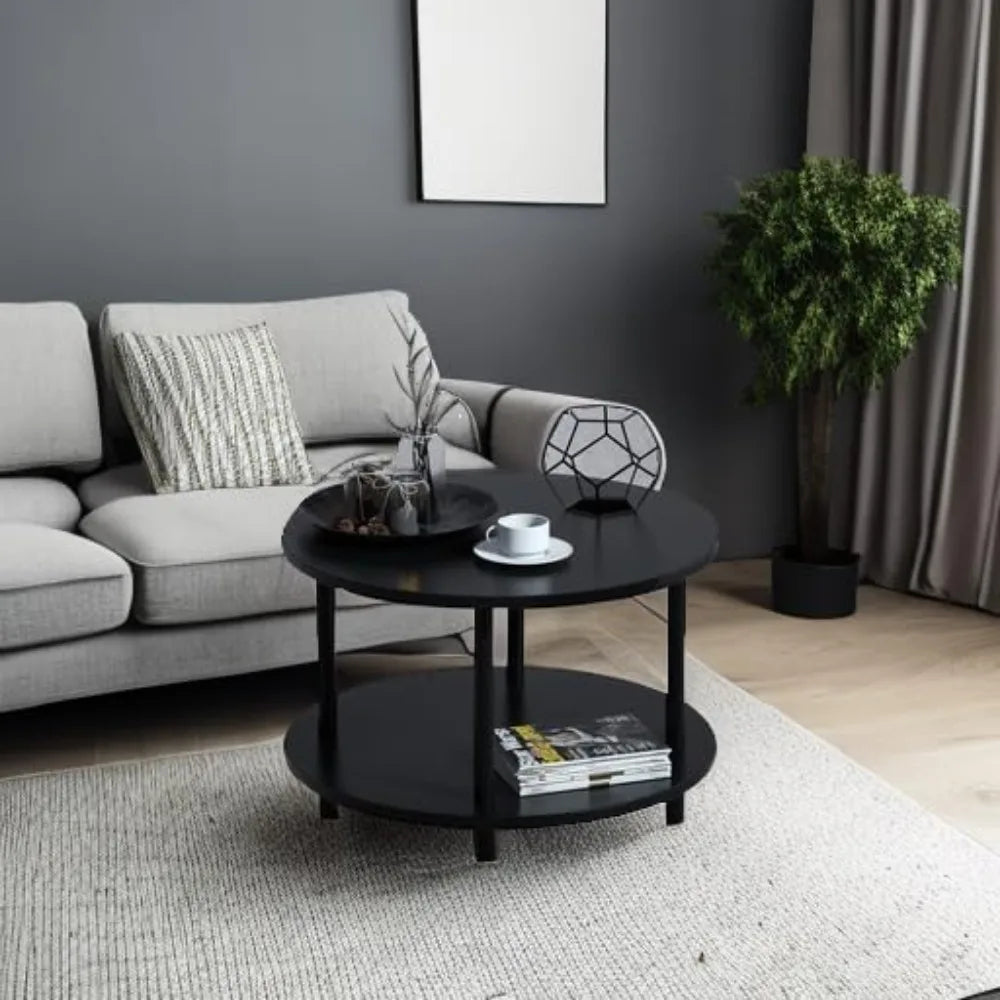 Compact 2-Tier Round Coffee Table with Storage Shelf, Black Wood Finish &amp; Metal Legs, Easy Assembly for Small Spaces