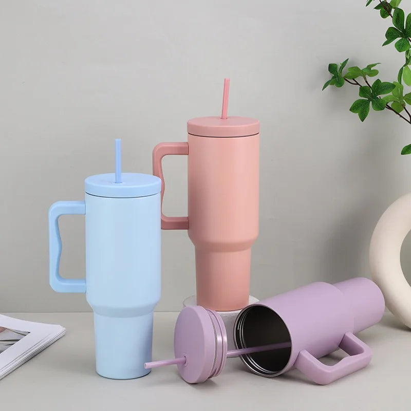 Trinkbecher 1,2L Leopard-Muster Edelstahl Strohhalm Tragbar Auto Wasserflasche