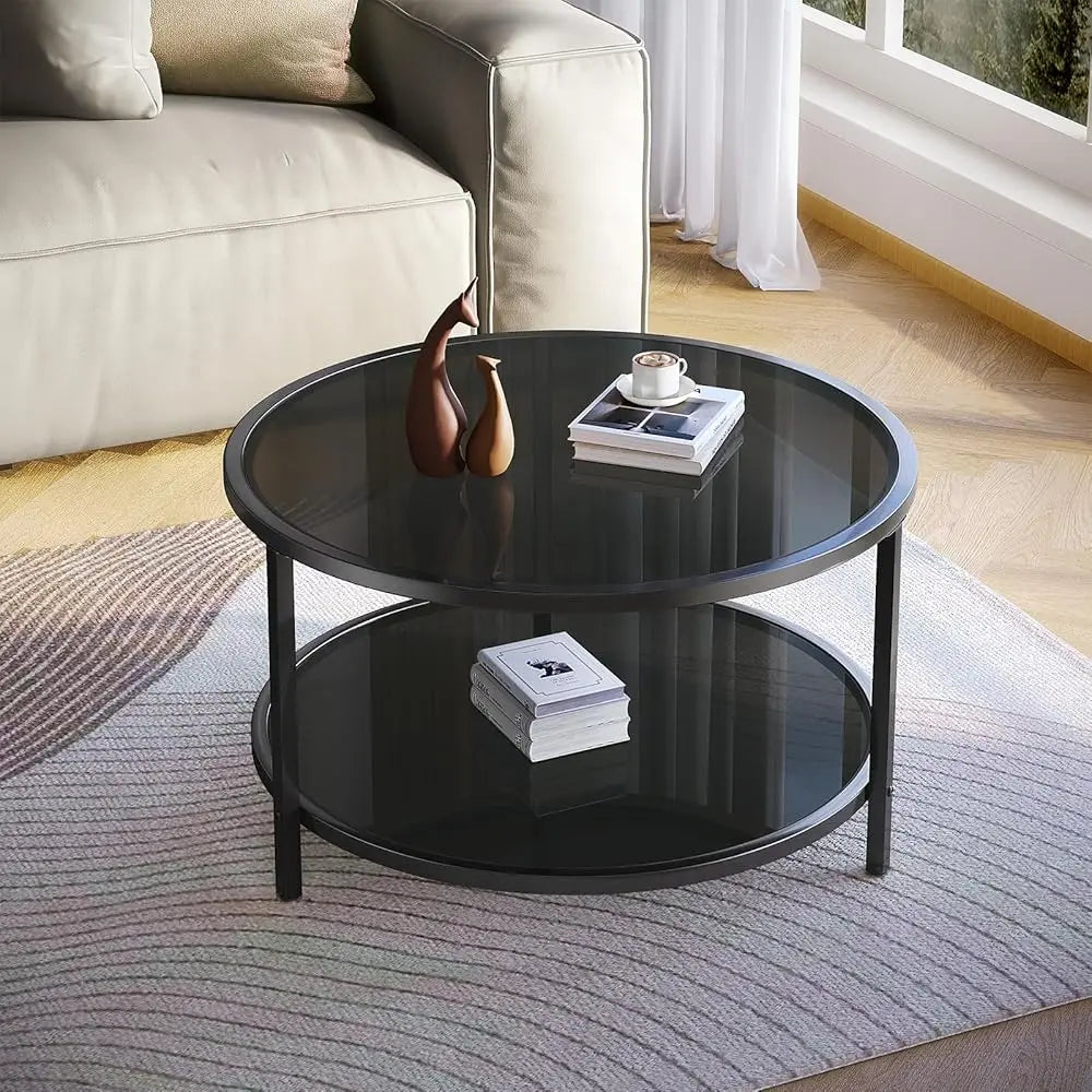 Couchtisch 70cm Rund Glas 2-Ebenen Ablage Schwarz Metall Modern Minimalistisch