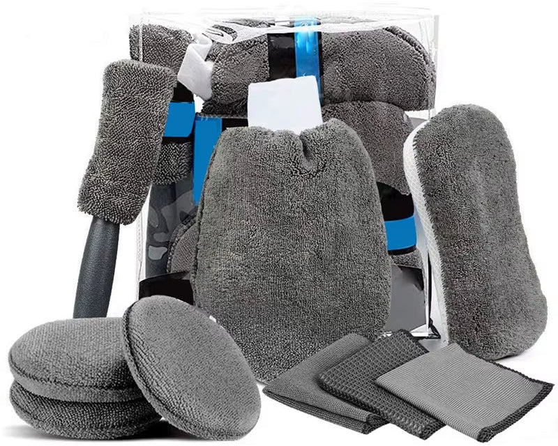 9Pcs Car Wash Cleaning Kits Microfiber Towels Blush Sponge Wash Glove Polish Care Applicator Pads Auto Detailing Washing Tools